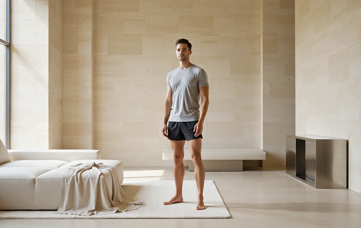 Serene person practicing mindful posture in a sunlit studio